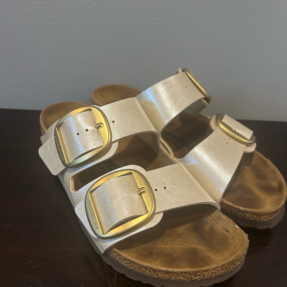 Birkenstock Metallic Pearl Sandals with Gold Buckle Straps